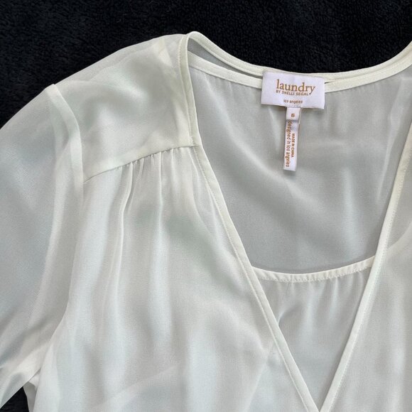 Laundry Sheer White Faux Wrap Overlay Blouse Boho Long Bell Sleeves Size 6 NEW - Picture 2 of 7